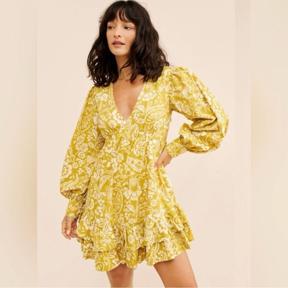 ANTHROPOLOGIE Maeve Long-Sleeve V-Neck Ruffle Mini Dress NWT Size X-Small